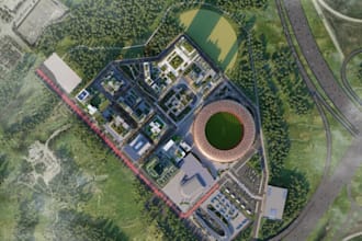 render 2d architectural drawing concept,city stadium complex, mixed use building