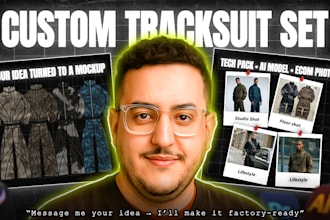 do streetwear tracksuit clothing design with tech pack and ecom product images
