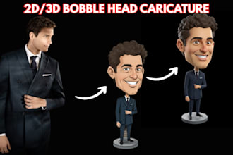 design 2d 3d bobble head caricature, hand drawn and 3d model for printing