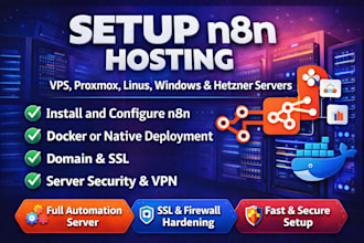 setup n8n hosting on vps, proxmox, linux, windows or hetzner server, docker