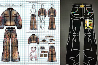 do fashion tech pack and apparel tech pack mockup with specs and flat sketches