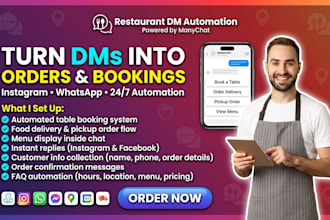 set up a manychat chatbot for dm, restaurant reservations, orders, and upsells