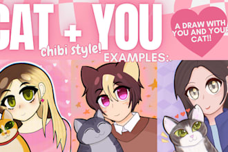 draw a cute chibi illustration of you and your cat