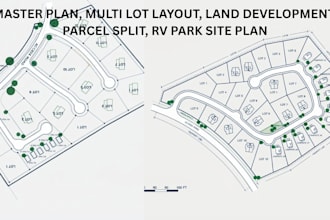 master plan, multi lot layout, land development, parcel split, rv park site plan