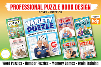 design puzzle activity book for adults and seniors, maze, word search, crossword