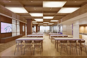 recreate 3d coworking space,office lounge,glass room,wood panel,reception render
