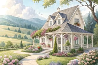do watercolor wedding venue, house, landscape