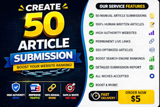 create 50 article submission backlinks manually