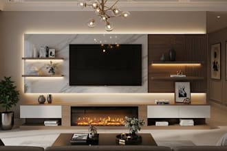design and 3d render TV wall and media wall, fire place