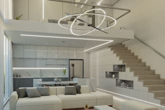 reinvent modern loft apartment, mezzanine layout, couch set,cgi interior lighten
