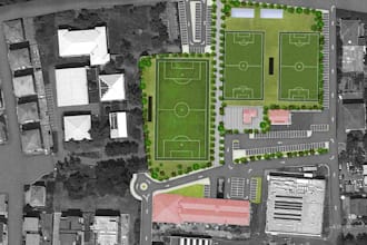 3d stadium exterior rendering, modern community field design, 2d master planning