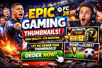 game thumbnail, fifa, fc 25, 26, high quality cta youtube thumbnail in 3 hours
