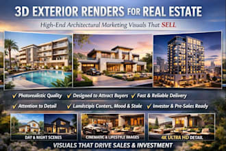 create 3d architectural marketing visuals, exterior renders for real estate