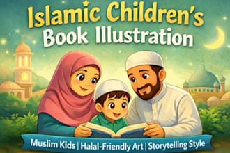 illustrate islamic children story illustration, muslim kid picture book cover