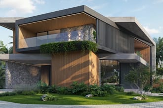 render 3d building exterior,rooftop lounge,pool side design,tropical landscaping