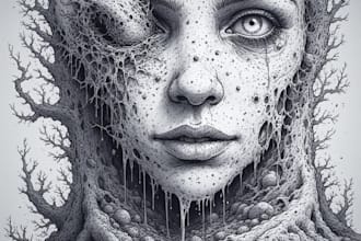 create detailed dark art illustrations for bands and merch