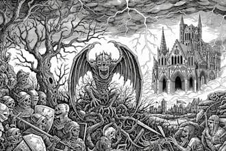 create dark art, metal, a medieval woodcut gothic etching illustration