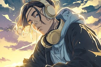 design custom anime manga album cover art in hip hop rap lofi emo, retro style