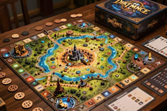 do board game design, tabletop game art, game board, and box packaging