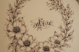 draw hand drawn botanical line art for tattoo, packaging