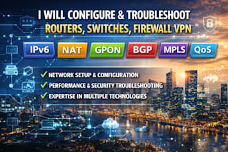 configure, troubleshoot routers switches firewall VPN ipv6 nat gpon bgp mpls qos