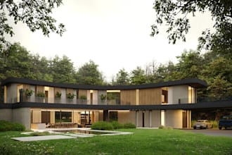 retrofit 3d modern country house,open plan layout,boomerang house,forest retreat