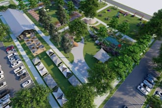 redesign 3d architectural master plan, community park rendering, bird eye view