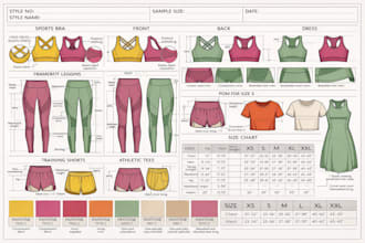 designe sportwear, activewear, swimwear tech pack flat sketch, cad manufacture