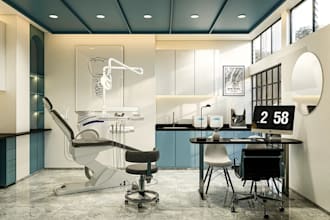 revamp 3d dental labs office, reception interior furniture, enscape rendering