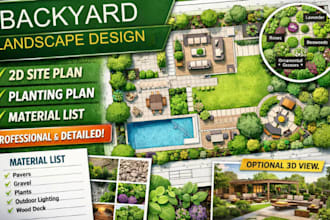 design your backyard landscape, 2d site plan, planting and material list