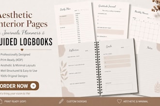 design aesthetic interior pages for journals, planner and guided logbook for KDP