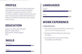 ms word typing, document formatting and CV writing