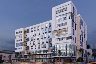 develop 3d shopping mall exterior, real estate marketing, front mall render, cgi