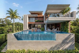 design 3d luxury residential, lounge, lush landscape, coffee furniture, cgi pool