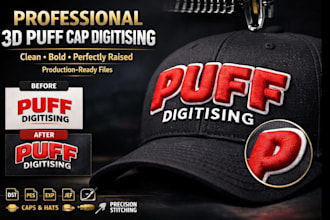 create high quality 3d puff cap digitizing for hats, headwear, bucket hats,