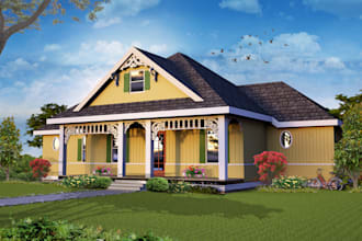 design bungalow plan, realistic exterior, interior rendering