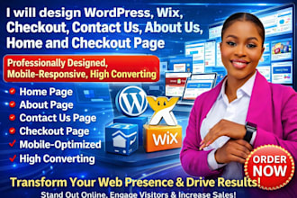 design wordpress, wix, checkout, contact us, about us, home page, checkout page