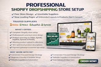 design shopify dropshipping store setup via doba eprolo supliful syncee printify