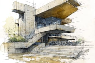 sketch architecture building with watercolor rendering