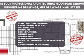 draw full architectural floor plan drawings mep for construction and city permit