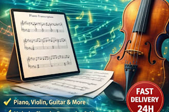transcribe music audio files into piano and instrumental arrangement music sheet