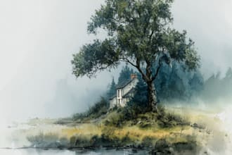 paint a watercolor and gouache landscape illustration