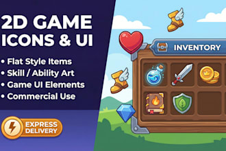 design 2d flat game icons, ui elements, items, and skill art