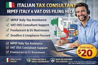 offer italian tax consultant tax support for irpef and vat oss filing, xero, gst