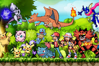 make custom pixel game, pokemon fakemon trainer, spritesheet, pokemon anime art