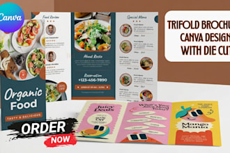 design canva brochure with die cut, trifold brochure design, digital menu