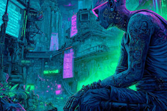 draw a detailed art of sci fi cyberpunk psychedelic artwork