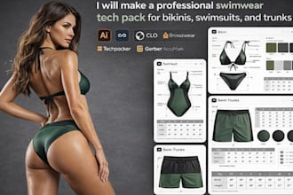 make a professional swimwear tech pack for bikinis, swimsuits, and trunks