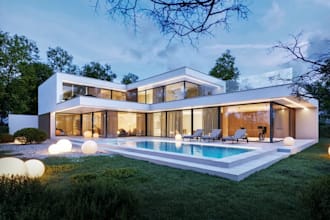 refine 3d cgi cottage villa exterior, modern chalet house interior, pool render