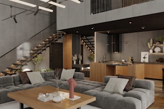 innovative 3d attic apartment, living room interior render, floating staircase